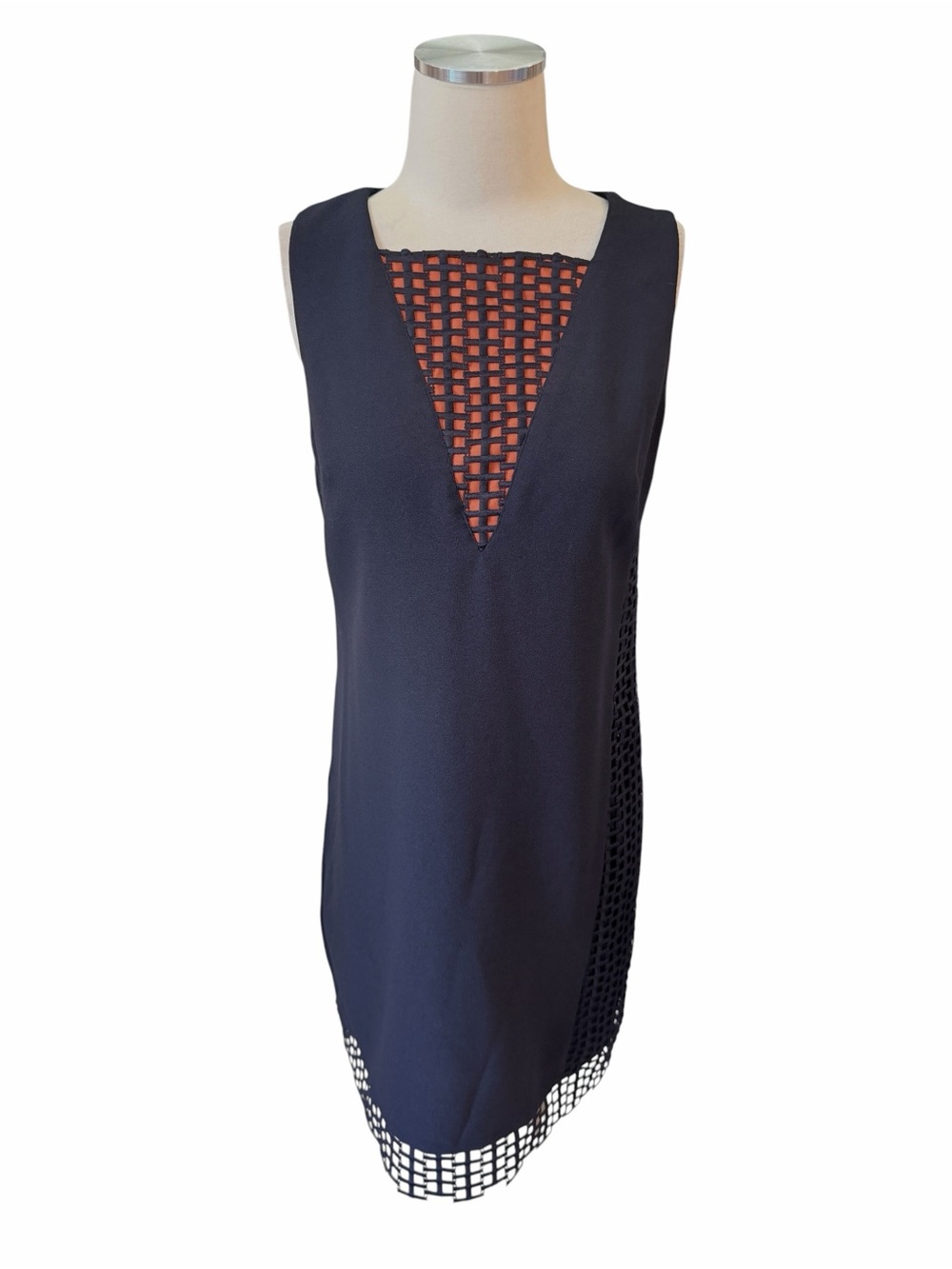 Antonio Melani Sleeveless Navy with Orange Lace-Trim Shift Dress Sz 6 - Picture 4 of 12